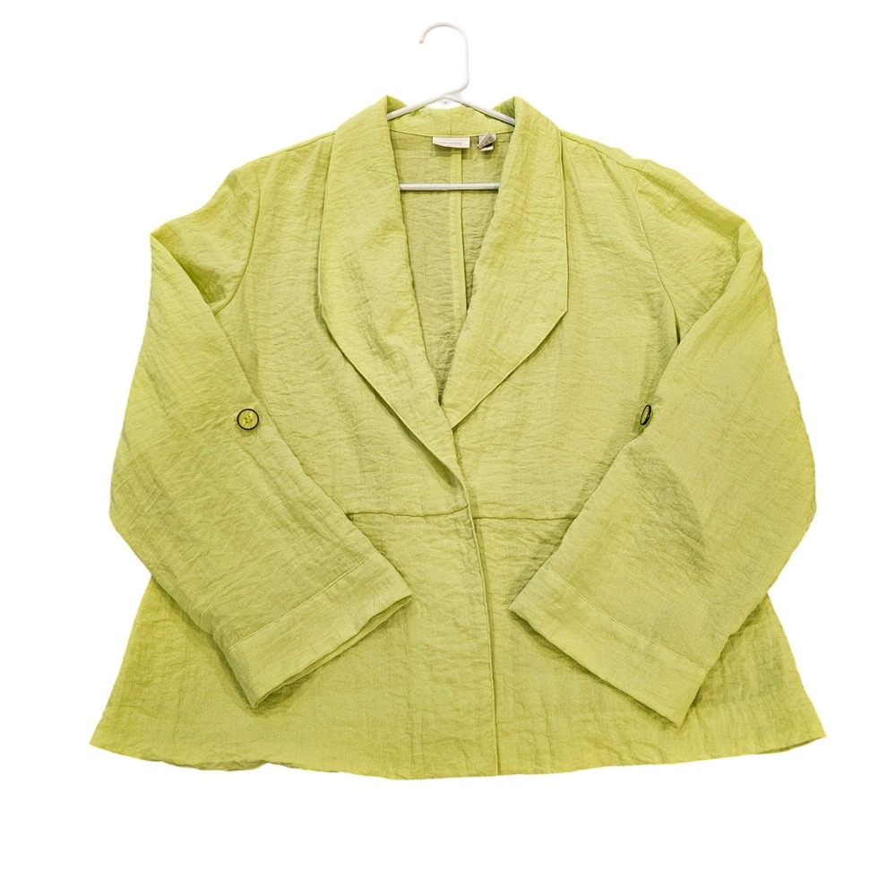 Chico's Lime Green Textured Open Front Blazer Roll Tab Sleeve Jacket Size 3 XL